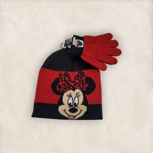 Disney Kids Minnie Mouse Red Black Cozy Outdoors Beanie and Gloves Set